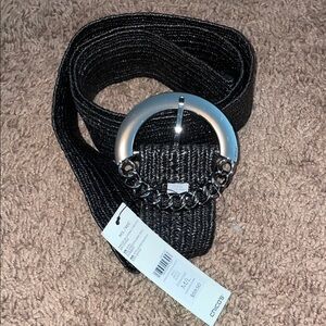 Chico's Textured Black Belt with Silver Chain Buckle